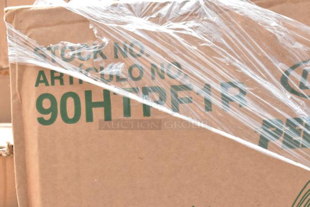 Cardboard box wrapped in plastic with "Stock No. 90HTPF1R" printed in green.