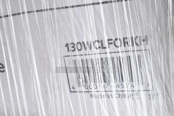 Box labeled "130WCLFORKH" with barcode, wrapped in plastic. Indicates made in China.