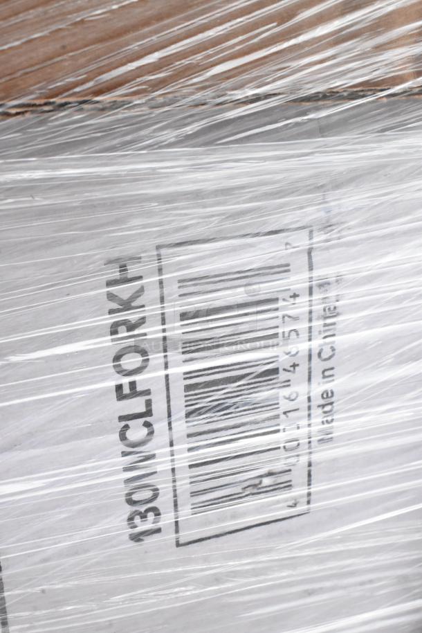Cardboard box wrapped in plastic, barcode visible with text "13DWCLFORKH1" and "Made in China."
