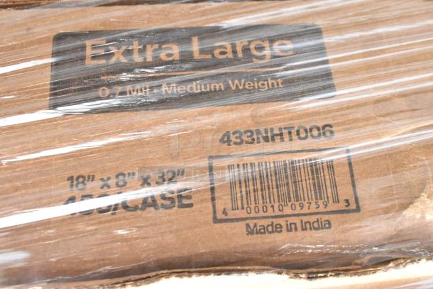Cardboard box labeled "Extra Large, 0.7 Mil, Medium Weight, 18"x8"x32", 450/Case," marked 433NHT006, barcode, Made in India.