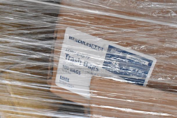 Box of Lavex Hercules low density trash bags wrapped in plastic, label reads 100 bags, black heavy-duty.