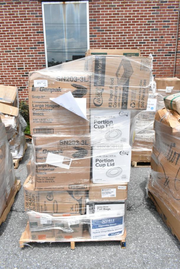 Pallet of various boxed food service supplies, including Genpak Large Hinged Containers and Choice Portion Cup Lids, wrapped in plastic, new condition.
