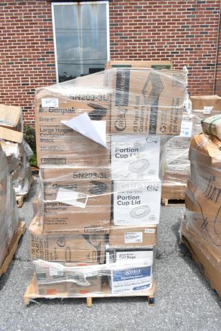Pallet of various boxed food service supplies, including Genpak Large Hinged Containers and Choice Portion Cup Lids, wrapped in plastic, new condition.