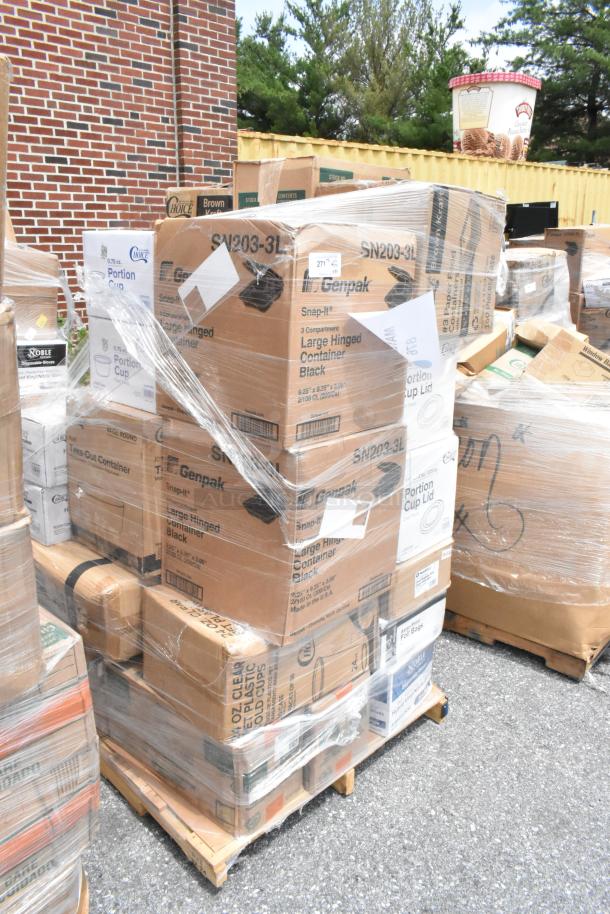 Pallet with boxes of Genpak containers, portion cup lids, and disposable gloves, shrink-wrapped and ready for auction.