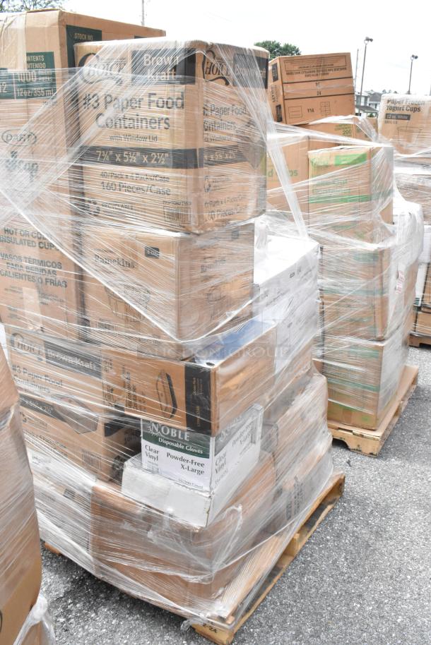 Pallet of assorted paper food containers and gloves, wrapped in plastic, various brands, new condition.