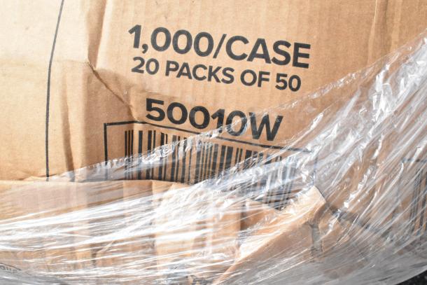 Cardboard box wrapped in plastic, labeled "1,000/CASE, 20 PACKS OF 50, 50010W" with barcode visible.