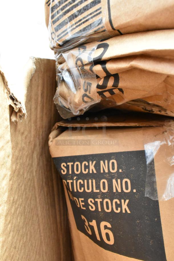 Cardboard bundled with packaging, labeled "Stock No. 316." Items appear in original wrapping, suggesting new condition.