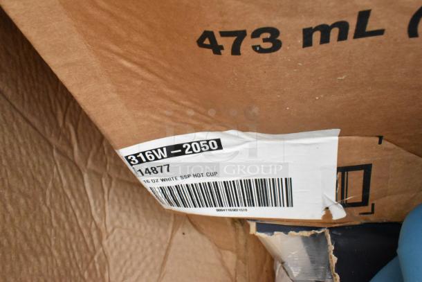 Cardboard box with label for 16 oz white SSP hot cups, code 316W-2050, and barcode; partially ripped condition.