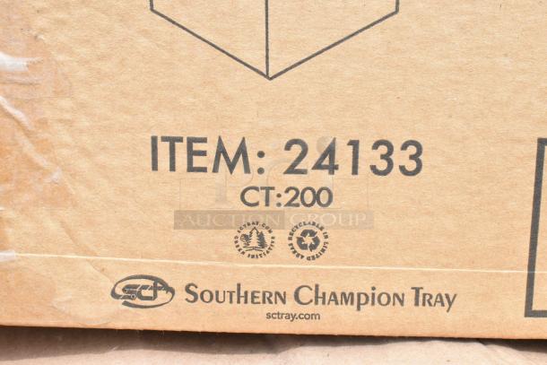 Cardboard box from Southern Champion Tray, item 24133, contains 200 trays, marked recyclable, in good condition.