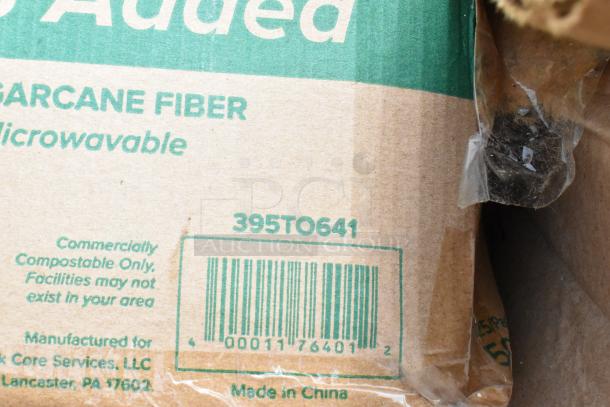 Compostable product packaging with text indicating it's made from sugarcane fiber, microwavable, and commercially compostable. Bar code and model number 395TO641 visible. Made in China.