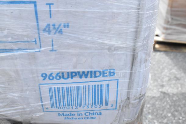 Shrink-wrapped pallet with barcode and label "966UPWIDEB," marked "Made in China." Label shows 4 ¼" measurement.