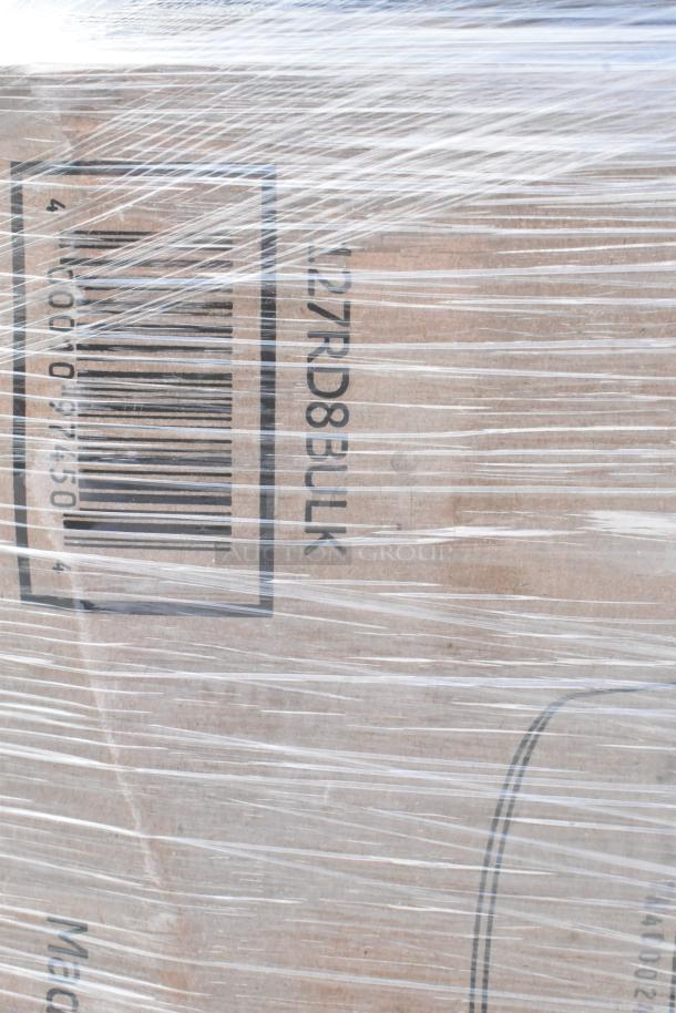 Pallet wrapped in plastic, featuring a visible barcode and text indicating "27RD8BLK", suggesting bulk contents.
