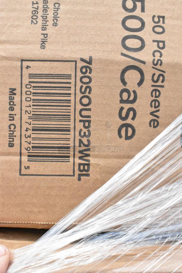 Cardboard box labeled "760SOUP32WBL," containing 500 pieces per case, made in China, wrapped in plastic.