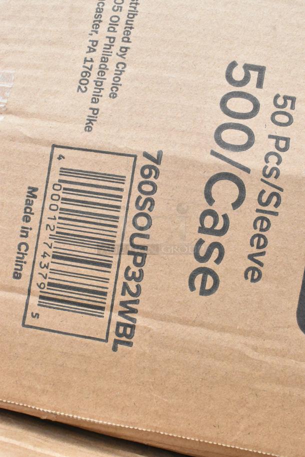 Cardboard box labeled "50 Pcs/Sleeve, 500/Case, 760SOUP32WBL," includes barcode; new, marked "Made in China."