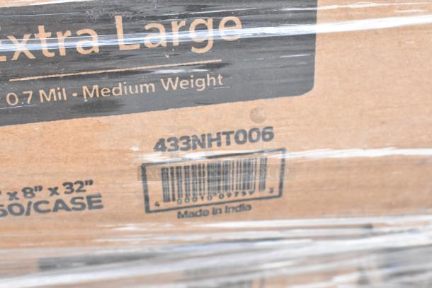 Cardboard box labeled "Extra Large 0.7 Mil Medium Weight," model 433NHT006, barcode visible, "Made in India" text.