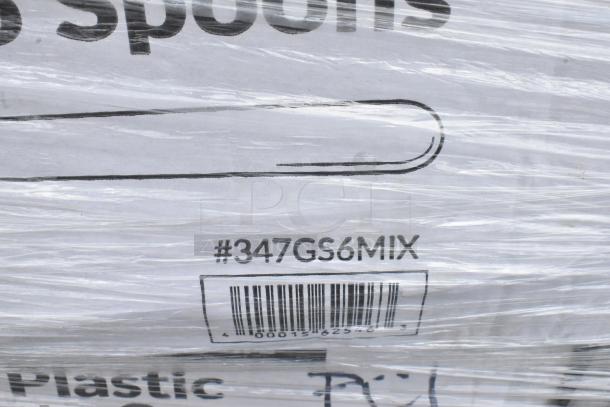 Box of plastic spoons, code #347GS6MIX, wrapped in plastic. Visible barcode and partial text. Brand and quantity unclear.