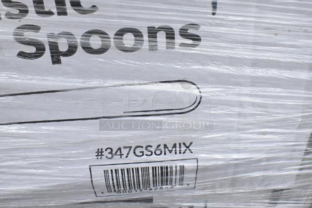 Pallet of plastic spoons wrapped in plastic with visible barcode and code #347GS6MIX on box.