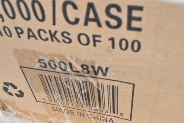 Close-up of a cardboard box label showing "500L8W," barcode, and "Made in China." Box holds 10 packs of 100.