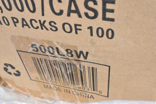 Cardboard box labeled "5000/CASE," "10 PACKS OF 100," with barcode 500L8W and "Made in China."