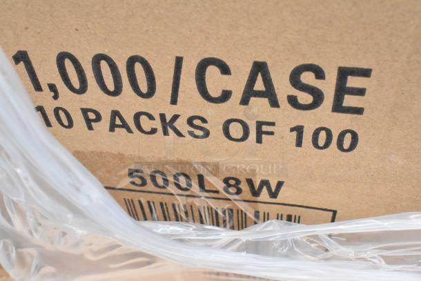 Cardboard box labeled "1,000/CASE, 10 PACKS OF 100" with code 500L8W, partially wrapped in plastic.
