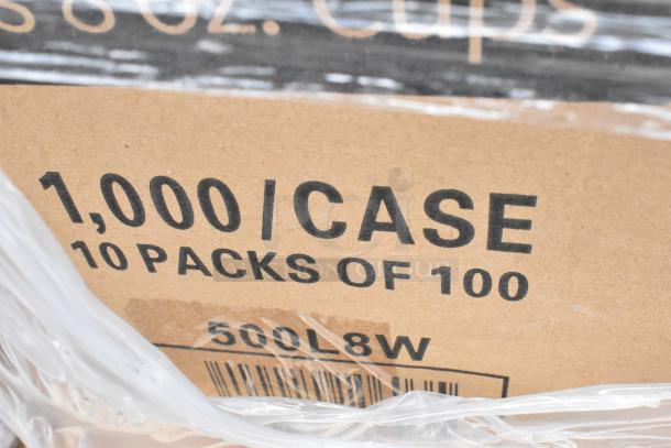 Cardboard case labeled "1,000/CASE, 10 PACKS OF 100" with code "500L8W" and visible barcode, packaged in plastic wrap.