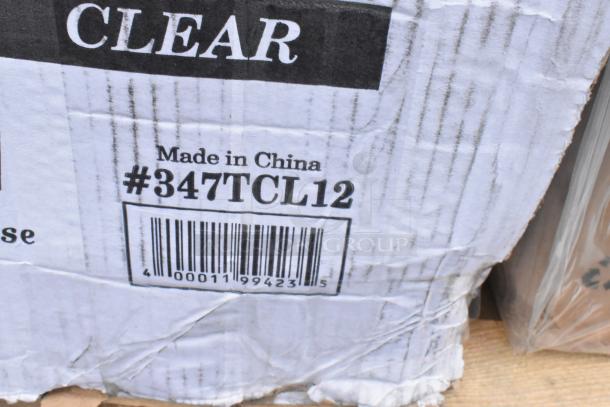 Cardboard box showing text "CLEAR," "Made in China," and item code "#347TCL12" with a barcode. Box appears worn.