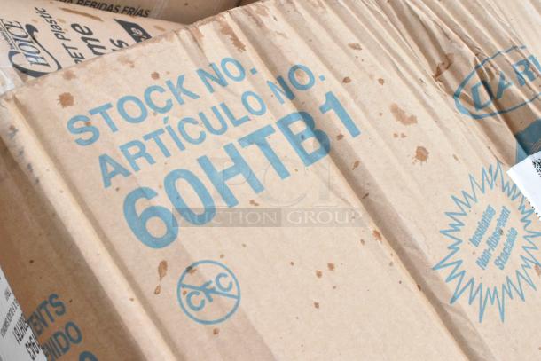 Cardboard box with markings "Stock No. 60HTB1", showing wear and stains, labeled insulating, non-absorbent, stackable.