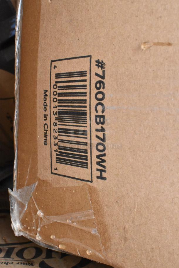 Cardboard box corner with barcode #760CB170WH, marked "Made in China" and sealed with tape, indicating unopened condition.