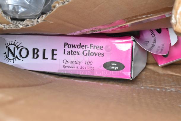 Noble powder-free latex gloves, size Large, box of 100. Reorder #: 394385L. New in original packaging.