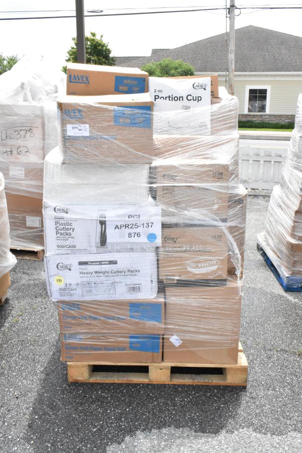Pallet of various boxed items including Lavex paper towels and Choice cutlery packs, shrink-wrapped for shipping.