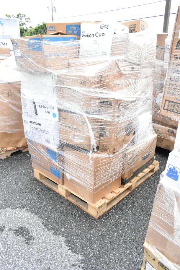 Pallet of assorted boxes including Lavex Jumbo Toilet Paper and Choice Portion Cups, wrapped in clear plastic, showing shipping labels.