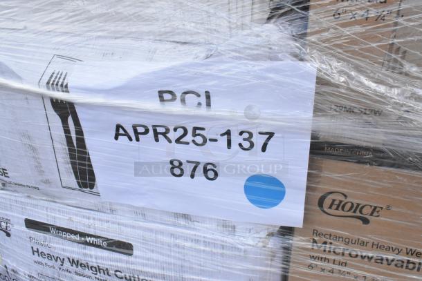 Pallet of Choice microwavable containers and heavy weight cutlery, wrapped and labeled "APR25-137," marked "Made in China."