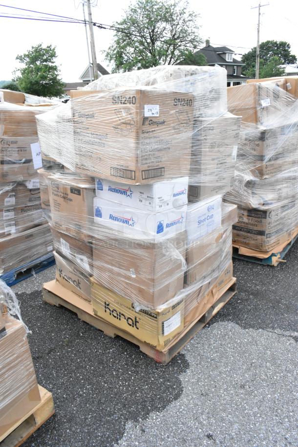 Pallets of boxed food containers and cups, wrapped in plastic. Labels show brands like SN240, Renown, and Karat. Ideal for bulk purchase.