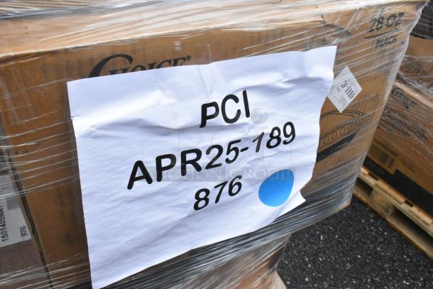 Pallet of boxed items from Choice brand, wrapped in plastic, labeled "PCI APR25-189 876" with a blue dot.