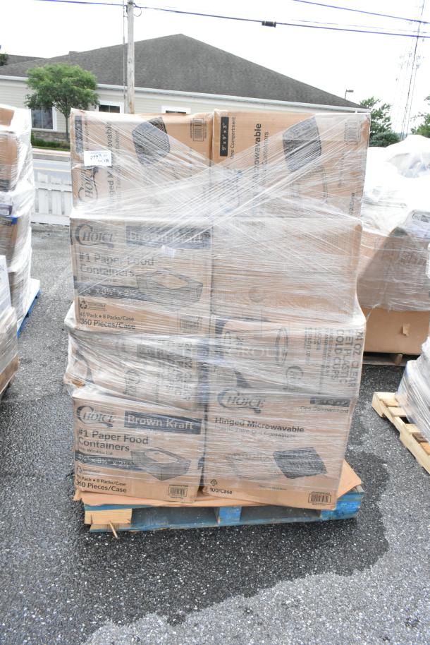 Pallet of Choice Brown Kraft paper food containers, 350 pieces per case, wrapped in plastic, suitable for microwave use.