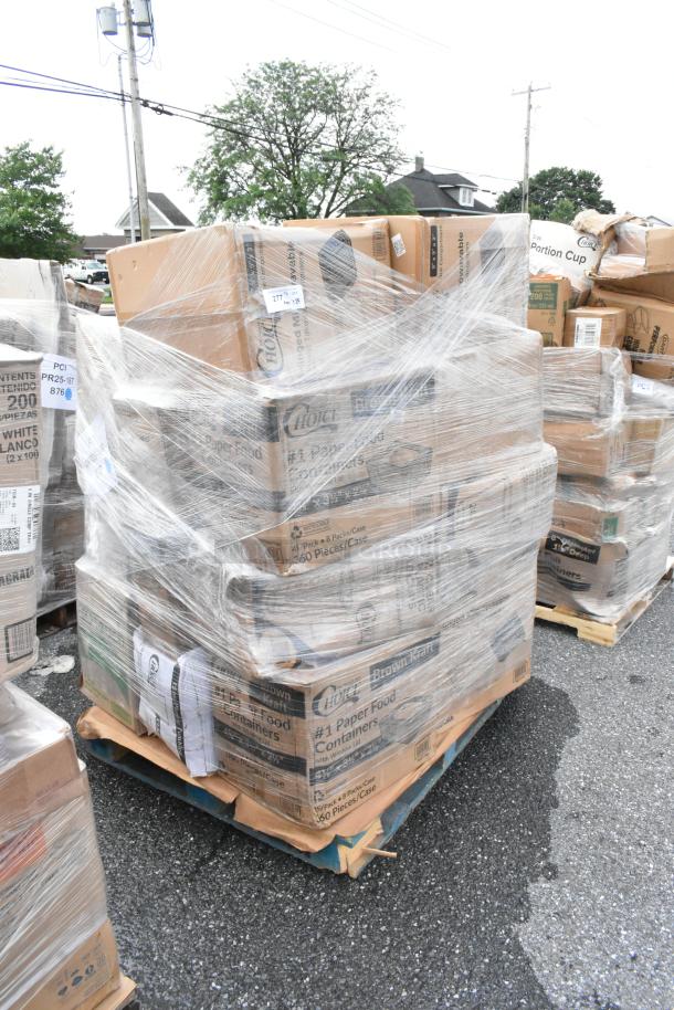 Pallet of assorted cardboard boxes, shrink-wrapped, containing various Choi paper food containers. Boxes include visible product labels and barcodes.