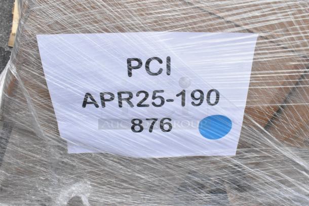 Pallet wrapped in plastic with a label marked "PCI APR25-190 876." Blue dot indicates shipment details.