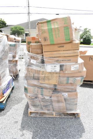 Pallet of boxed disposable food containers, mostly Choice brand. Boxes slightly damaged; plastic wrapped for transport.