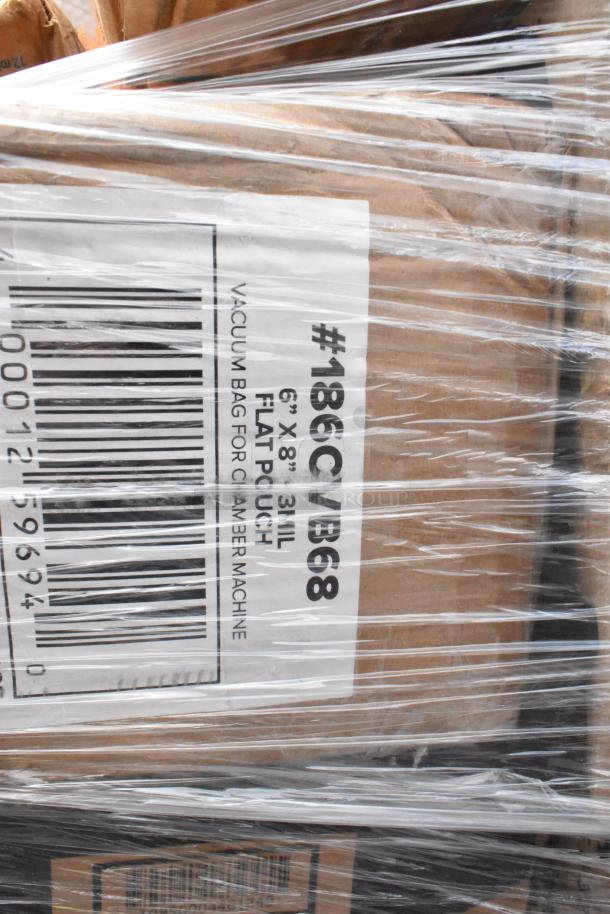 Box of 6"x8" 3 MIL flat vacuum pouches for chamber machine, wrapped in plastic. Label #18CVB68 visible.