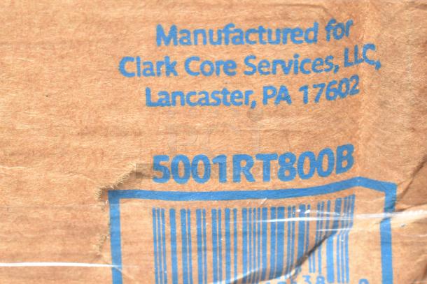 Brown cardboard box with blue text showing "Manufactured for Clark Core Services, LLC, Lancaster, PA 17602" and "5001RT800B" above a barcode.