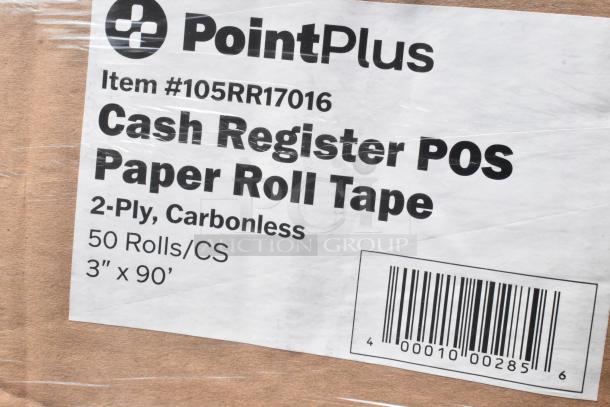 PointPlus cash register POS paper roll tape, 2-ply carbonless, item #105RR17016. 50 rolls per case, size 3" x 90'.
