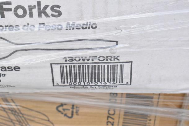 Box of 130W forks with barcode and "Made in China" label, sealed in plastic wrap.