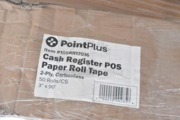 PointPlus 2-ply cash register POS paper roll tape, carbonless, 50 rolls/case, 3" x 90', item #105RR17016.