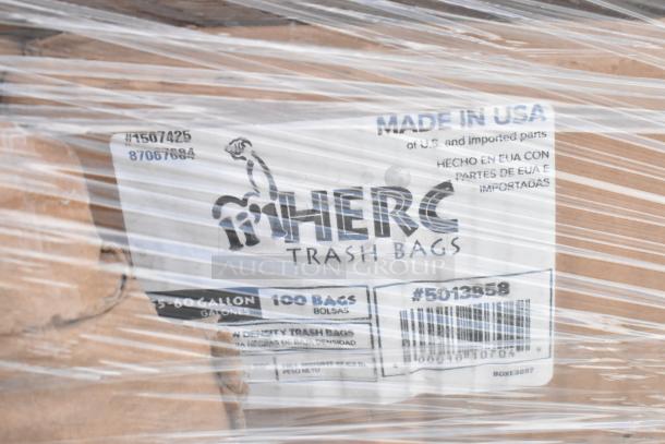 Herc Trash Bags package, 55-60 gallon capacity, 100 bags per box, made in USA, wrapped in plastic.
