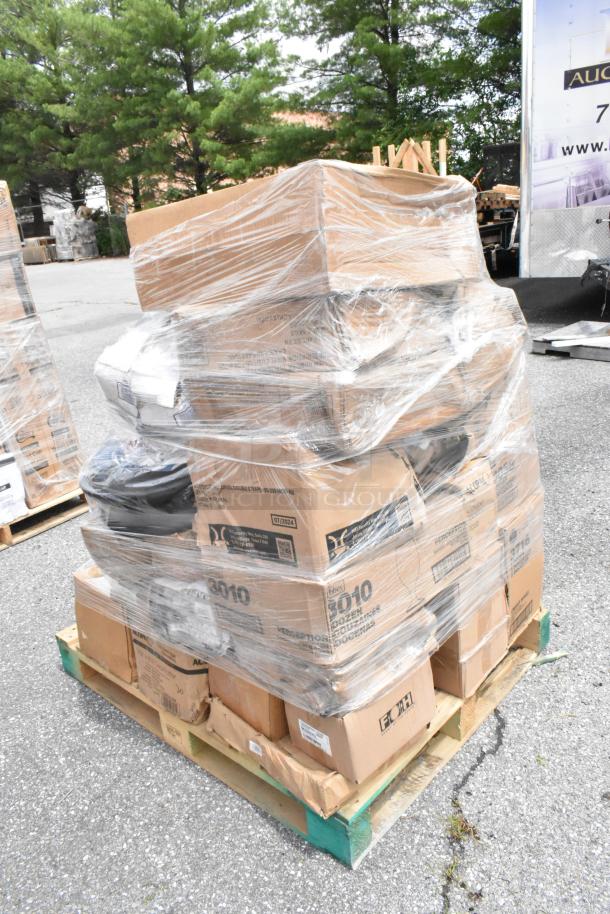 Pallet with boxes, shrink-wrapped, labeled "Bon Chef" and "3010", items appear unopened. Condition seems good.