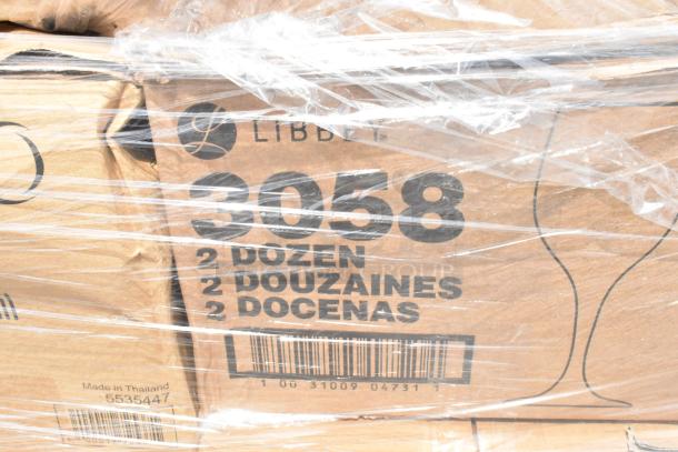 Libbey 3058 boxed glasses labeled "2 dozen,” barcode 1003100904731, “Made in Thailand," wrapped in plastic.