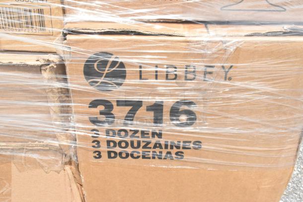 Libbey box labeled "3716" containing 3 dozen items, wrapped in plastic. Boxes appear sealed and in good condition.