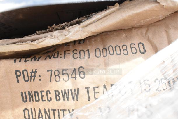 Close-up of a cardboard package with printed markings. Item No: F8010000860, PO#: 78546. "UNDEC BWW TEAP" text visible.