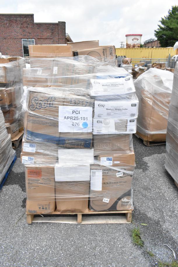 Pallet of assorted household goods, wrapped in plastic, containing Scott paper products and medium weight forks. Labels show PCI APR25-191.