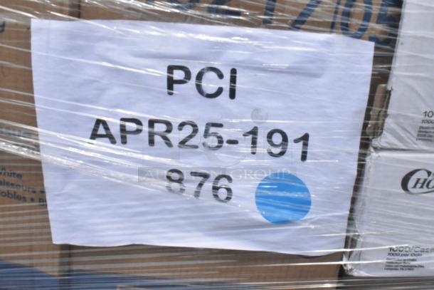 Labelled pallet, plastic wrapped, marked "PCI APR25-191 876" with a blue circle. Contains boxed items.